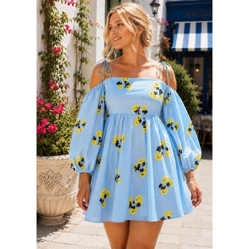 Tanya Taylor Babydoll Dress Blue Floral Mini Cold Shoulder Puff Sleeve Womens 16